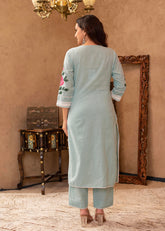 Sky Blue Cotton Slub Floral Printed Kurta-Pant & Dupatta Set with Lace, Thread Work & Button Closure-P1318SKYBLUE